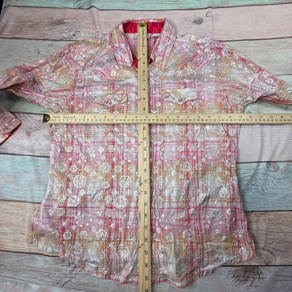 Wrangler Womens Medium Pink/Orange Plaid Long Sleeve Western Shirt With Silver F - Picture 6 of 8